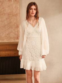 Vestido Cruto Elegante de Renda Branca Manga Longa