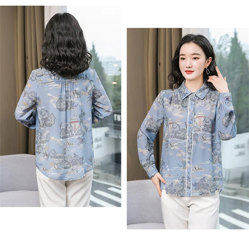 Camisa Feminina Manga Longa Toque de Seda Retrô