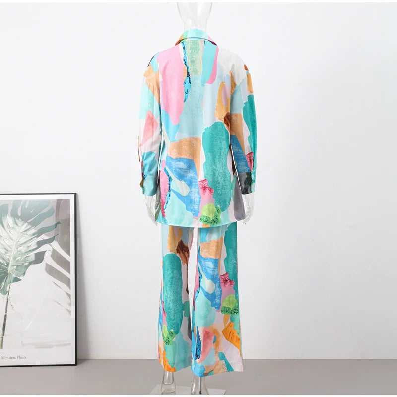 Conjunto Feminino Camisa Longa e Calça de Elástico Colorido Aquarela