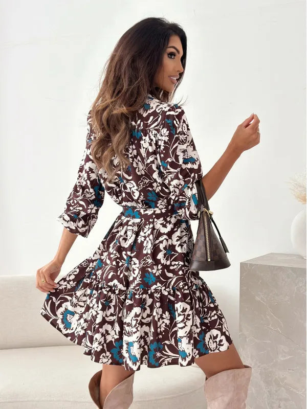 Vestido Curto Floral Feminino Elegante com Manga Comprida e Decote em V