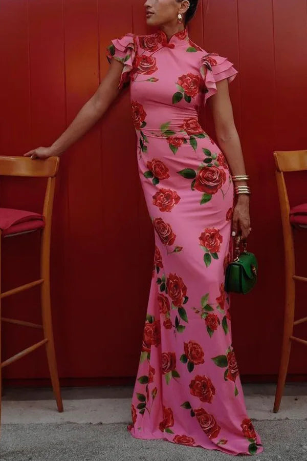 Vestido Longo Floral Elegância Vintage com Gola Alta e Babados