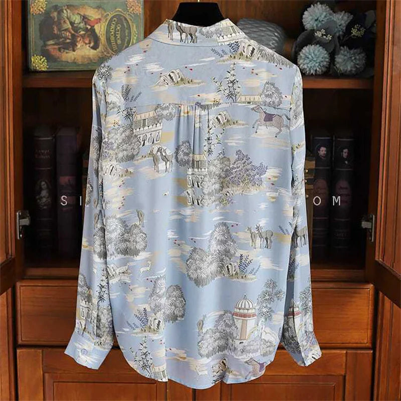 Camisa Feminina Manga Longa Toque de Seda Retrô