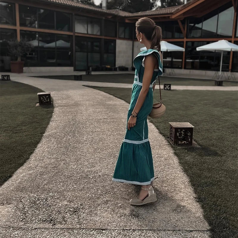 Vestido Longo Xadrez Decote Quadrado Manga Voadora Milão