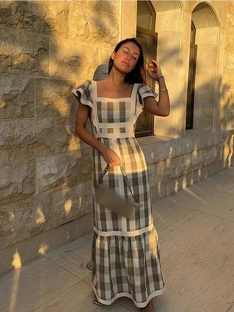 Vestido Longo Xadrez Decote Quadrado Manga Voadora Milão