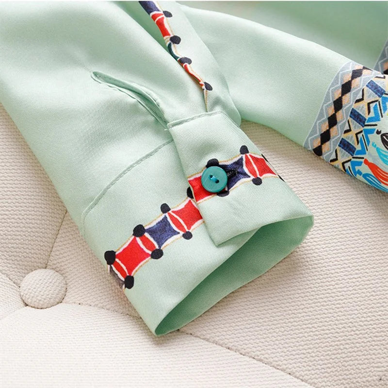 Camisa Toque de Seda Floral Turquesa