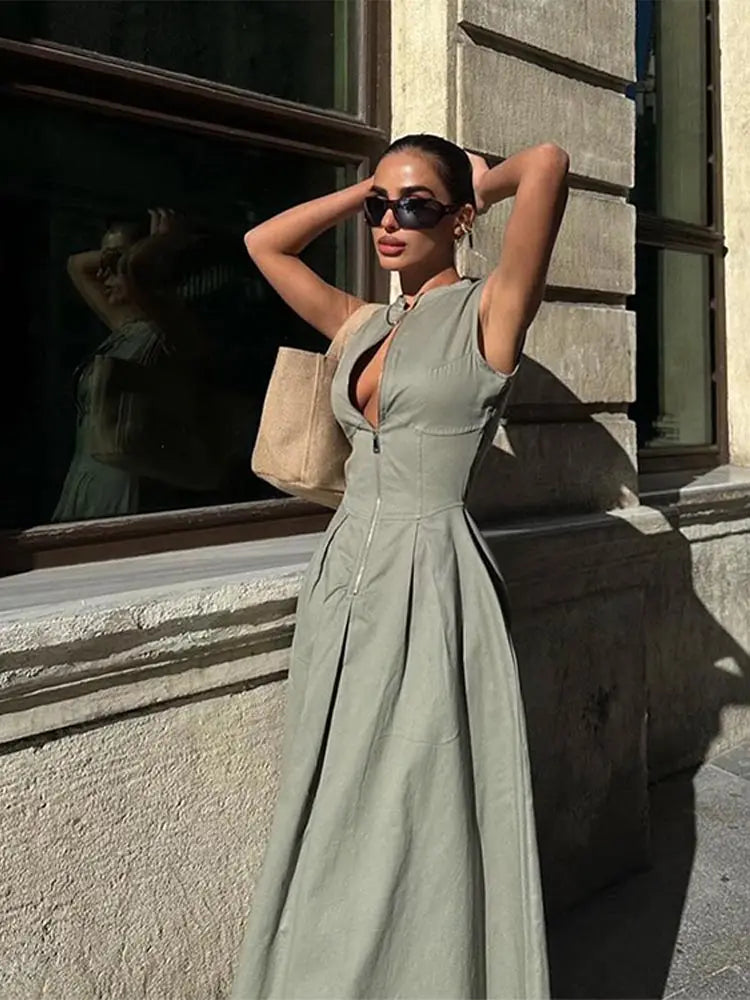 Vestido Maxi Feminino Sem Mangas com Zíper de Cintura Alta Roma (Pronta Entrega)