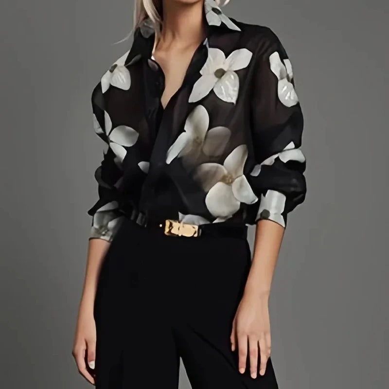 Camisa Floral Noir Elegance – Estilo Casual e Sofisticado