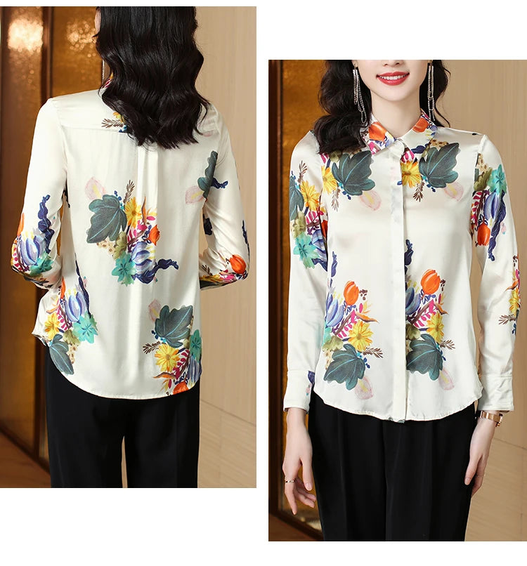Camisa Feminina Toque de Seda Folhagens Coloridas