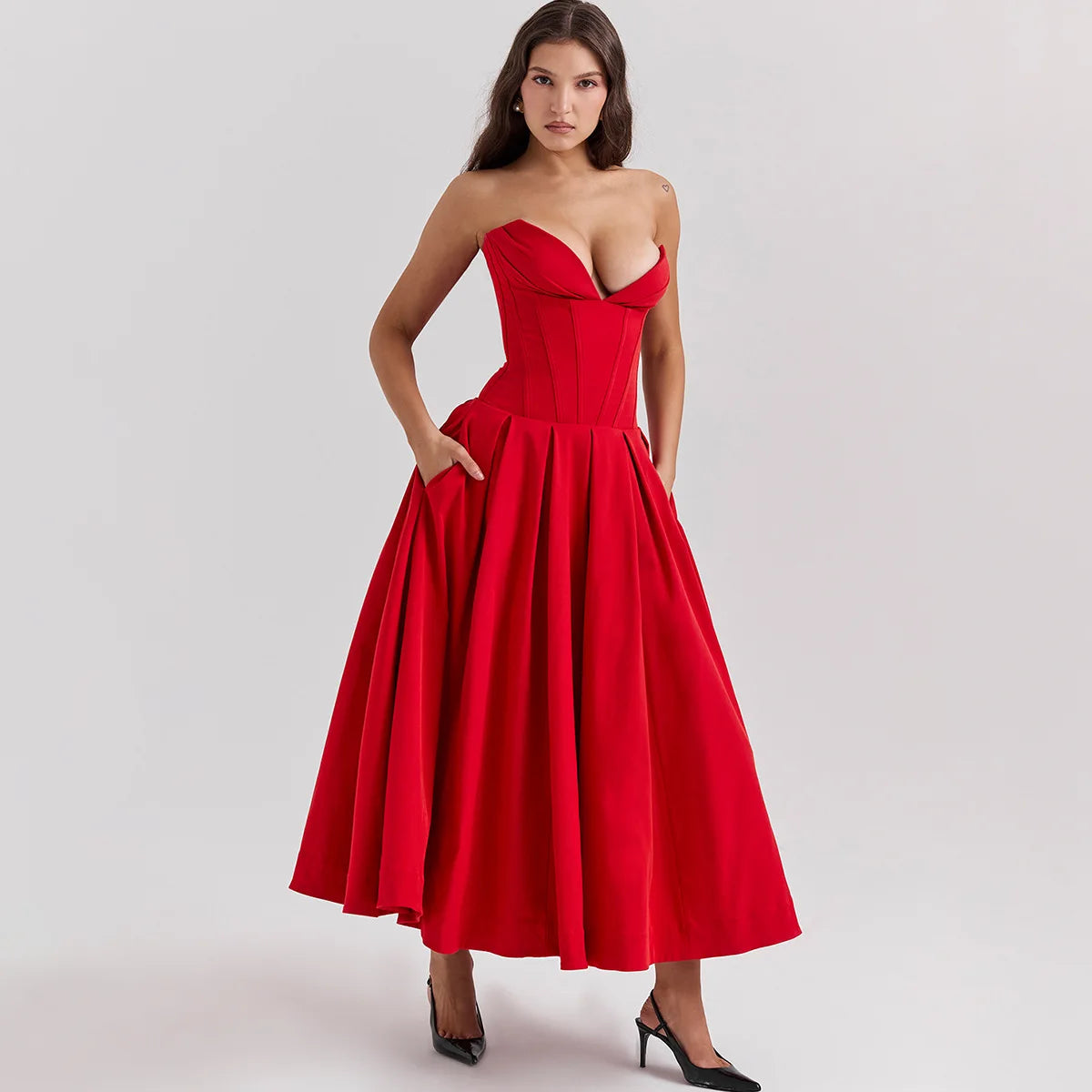 Vestido Longo Elegante com Barbatana e Bolsos Laterais Dublin