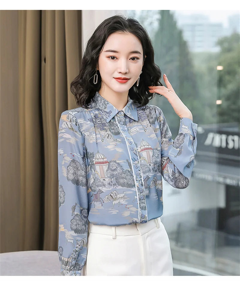 Camisa Feminina Manga Longa Toque de Seda Retrô