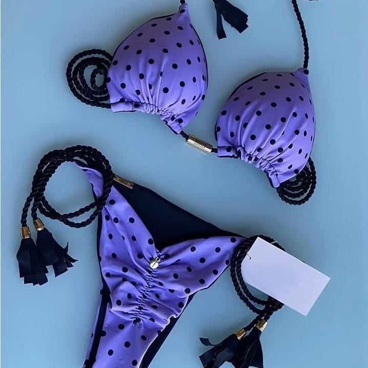Biquini Cortininha com bojo Roxo de bolinhas pretas Iris
