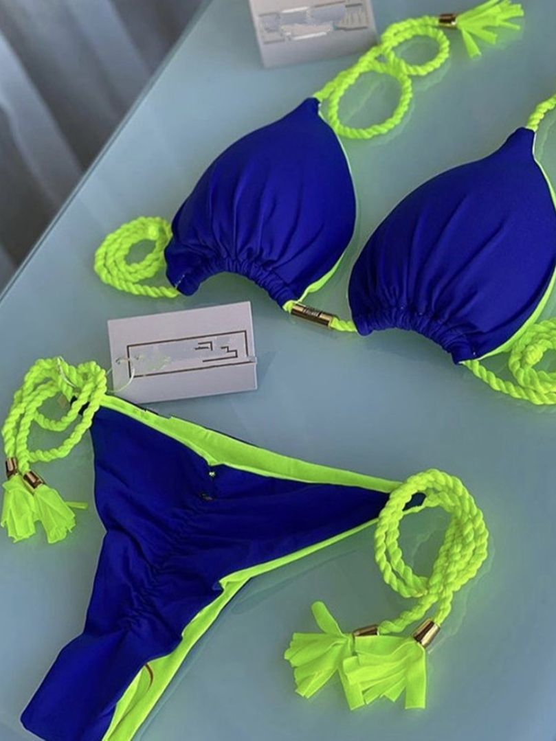Biquini Cortininha com bojo Azul e verde limão Iris