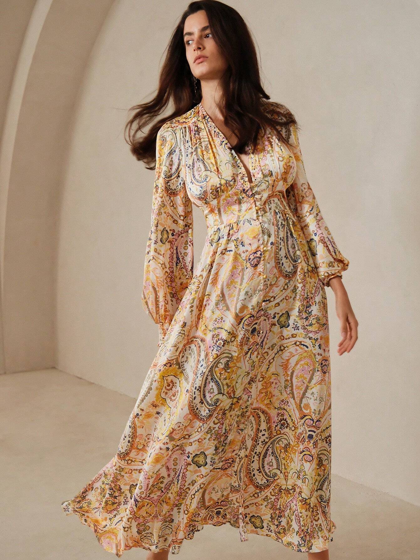 Singapura - Vestido Bohemio em Estilo Paisley Com Decote Em V Para Férias (Pronta Entrega)