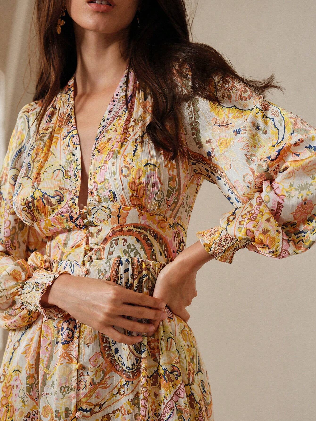 Singapura - Vestido Bohemio em Estilo Paisley Com Decote Em V Para Férias (Pronta Entrega)