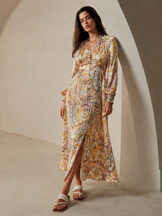 Singapura - Vestido Bohemio em Estilo Paisley Com Decote Em V Para Férias (Pronta Entrega)