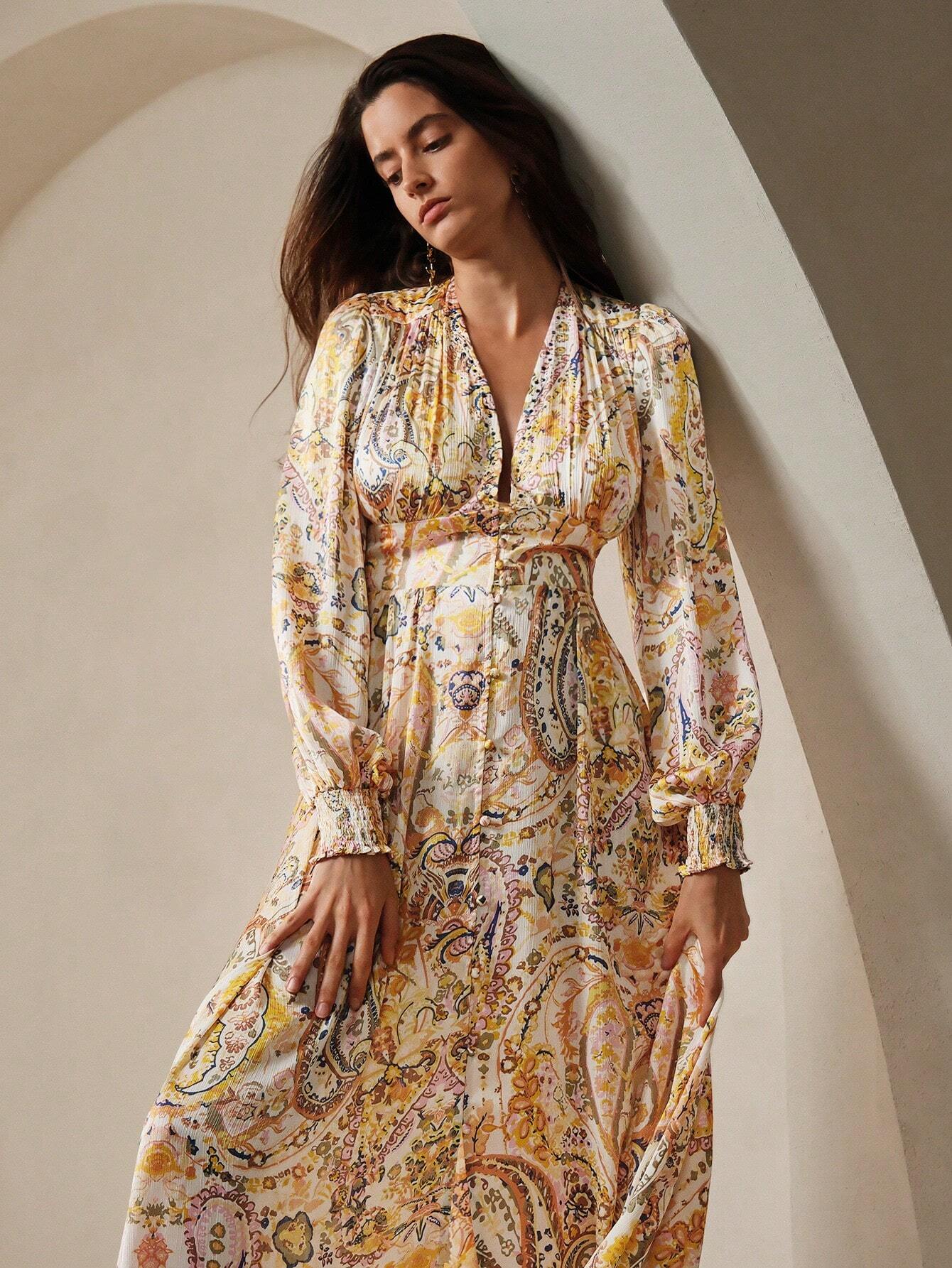 Singapura - Vestido Bohemio em Estilo Paisley Com Decote Em V Para Férias (Pronta Entrega)