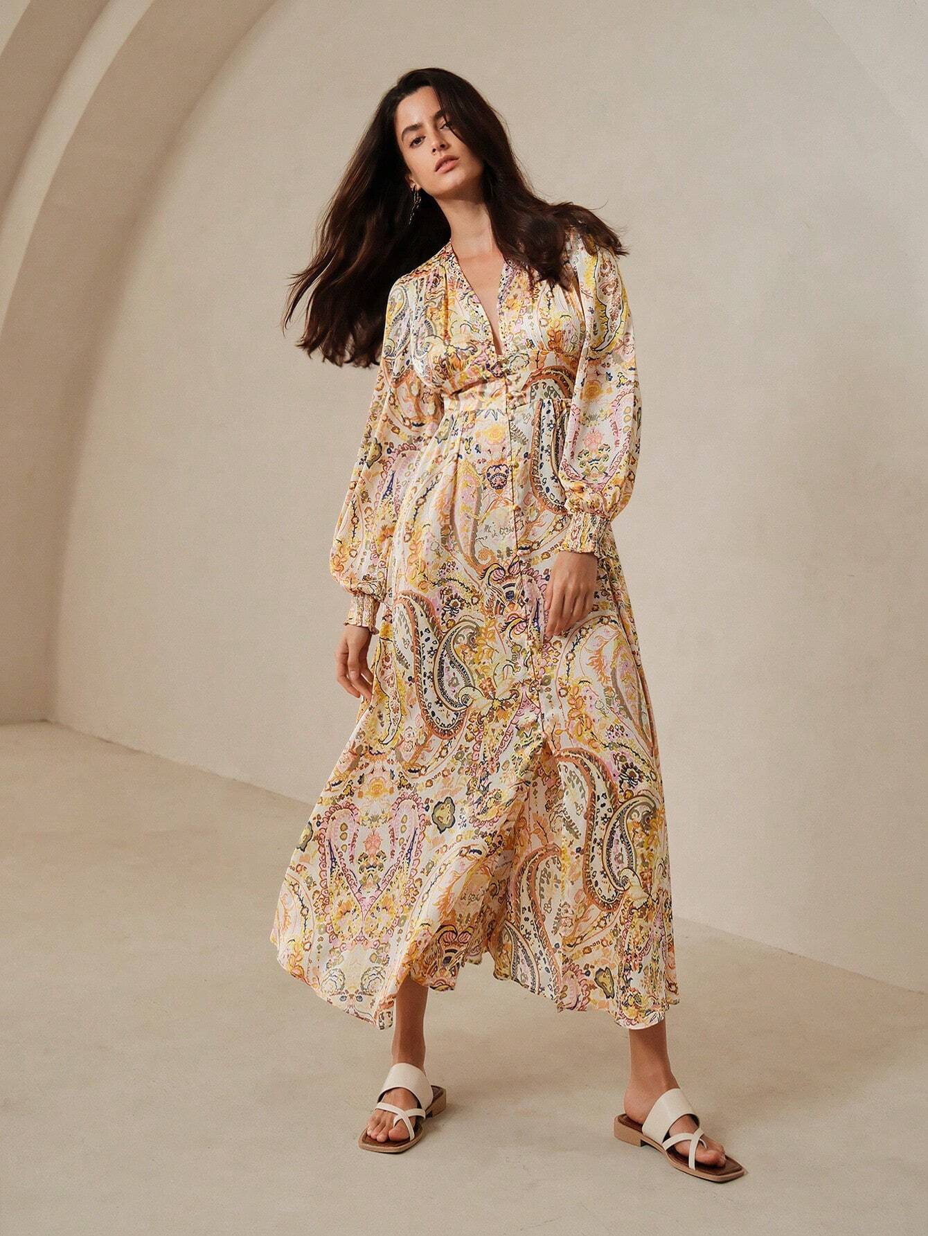 Singapura - Vestido Bohemio em Estilo Paisley Com Decote Em V Para Férias (Pronta Entrega)