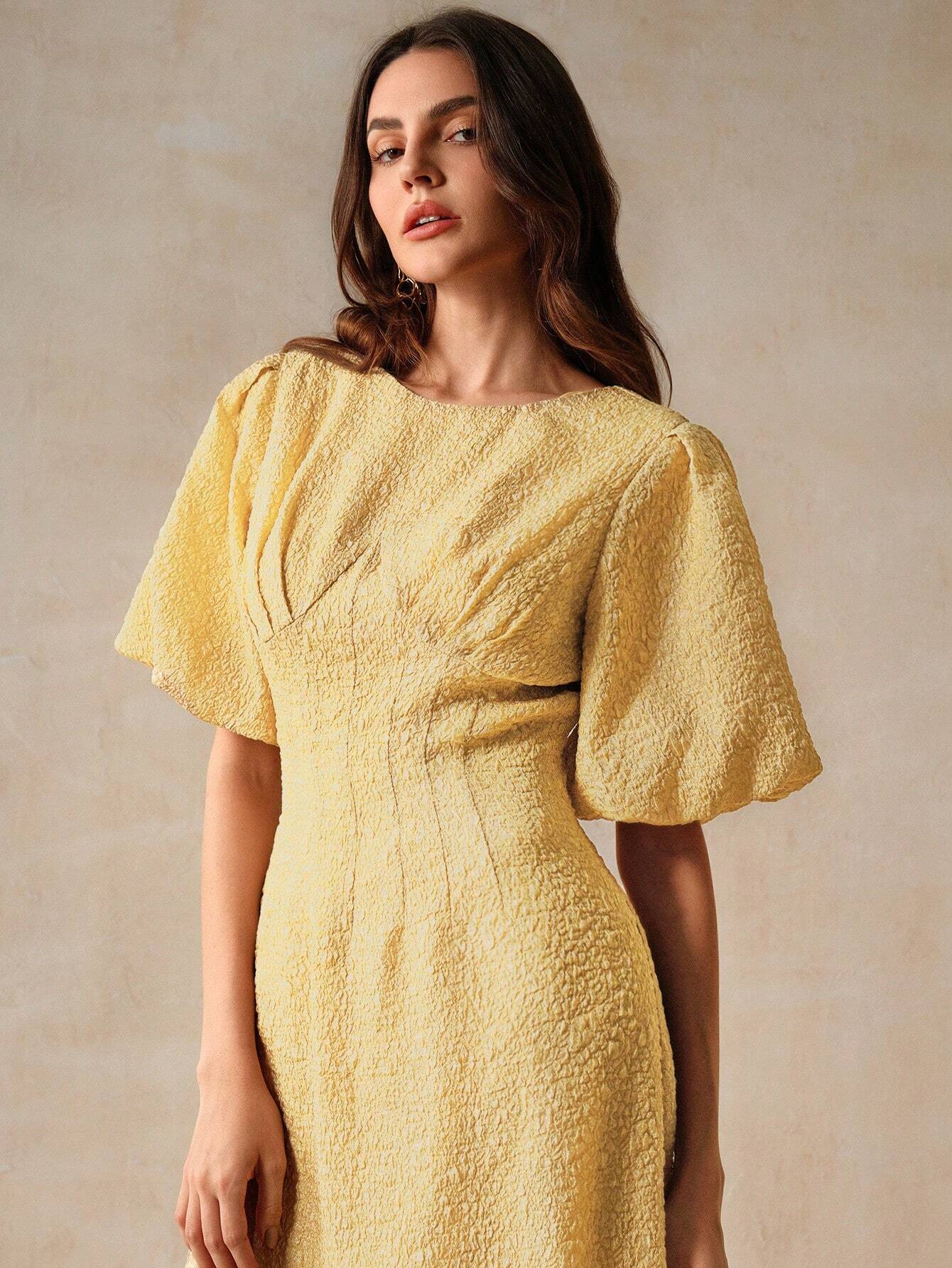 Vestido Casual Texturizado com Manga Bufante