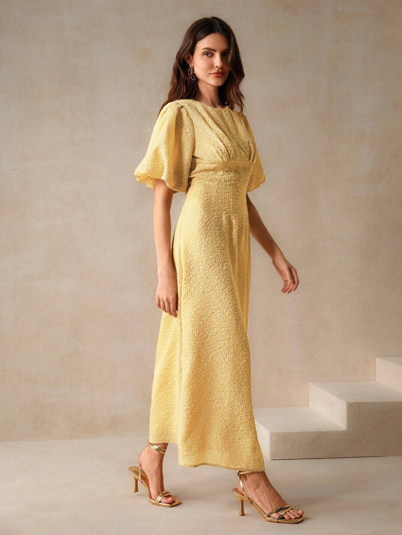 Vestido Casual Texturizado com Manga Bufante