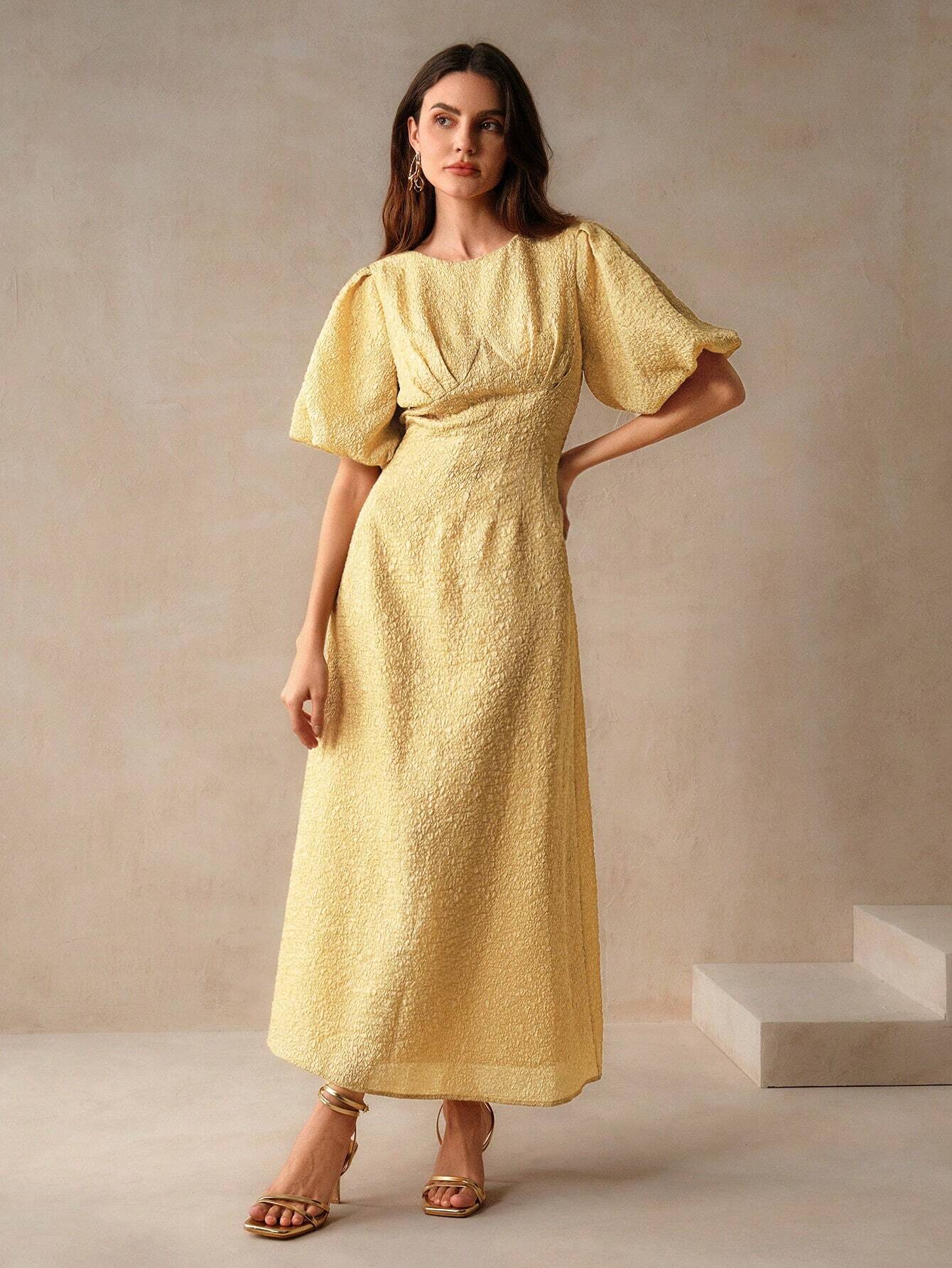 Vestido Casual Texturizado com Manga Bufante