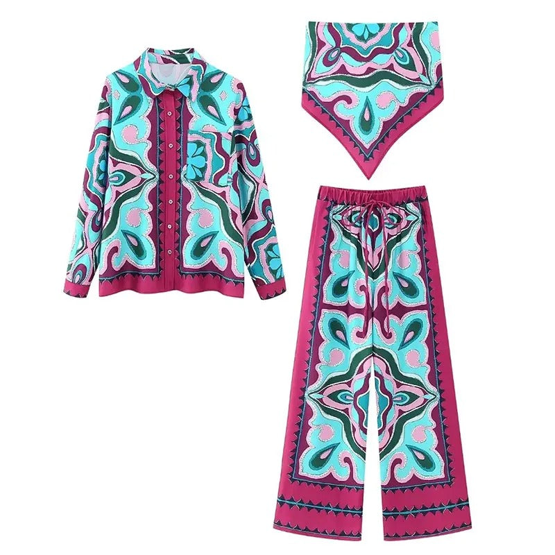 Conjunto Brigitte - Camisa, blusa estilo lenço e calça com elástico