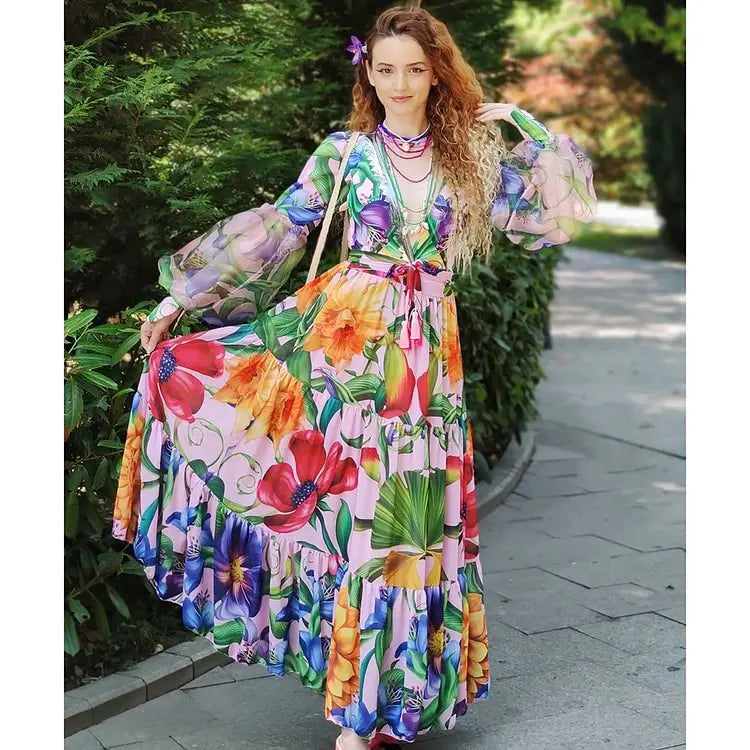 Conjunto de Maiô e Saia Longa “Sahara” com Estampa Floral Tropical Multicolorida