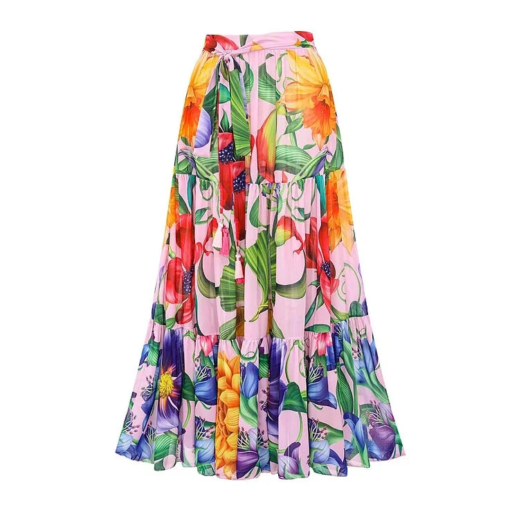 Conjunto de Maiô e Saia Longa “Sahara” com Estampa Floral Tropical Multicolorida