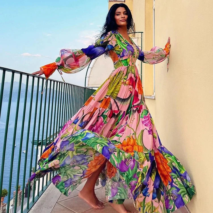 Conjunto de Maiô e Saia Longa “Sahara” com Estampa Floral Tropical Multicolorida