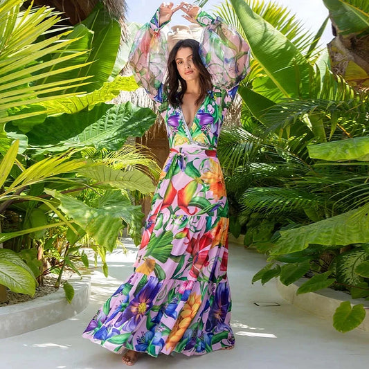 Conjunto de Maiô e Saia Longa “Sahara” com Estampa Floral Tropical Multicolorida