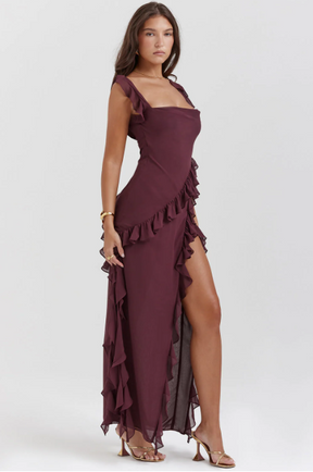 Vestido Longo Assimétrico Com Babado - Frete Grátis.