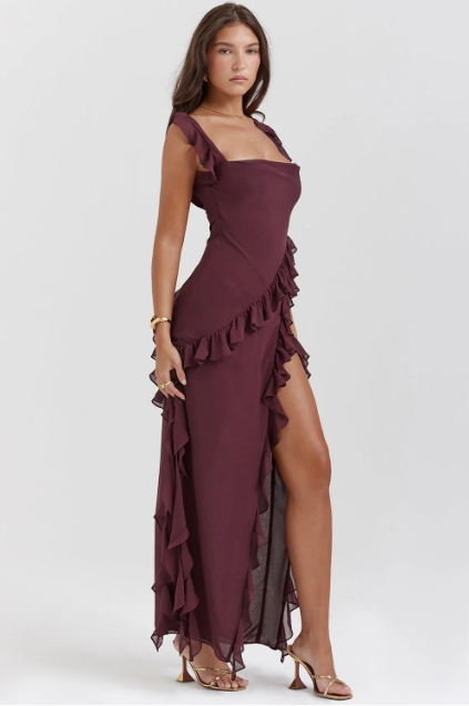 Vestido Longo Assimétrico Com Babado - Frete Grátis.