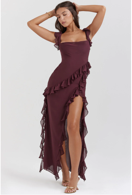 Vestido Longo Assimétrico Com Babado - Frete Grátis.