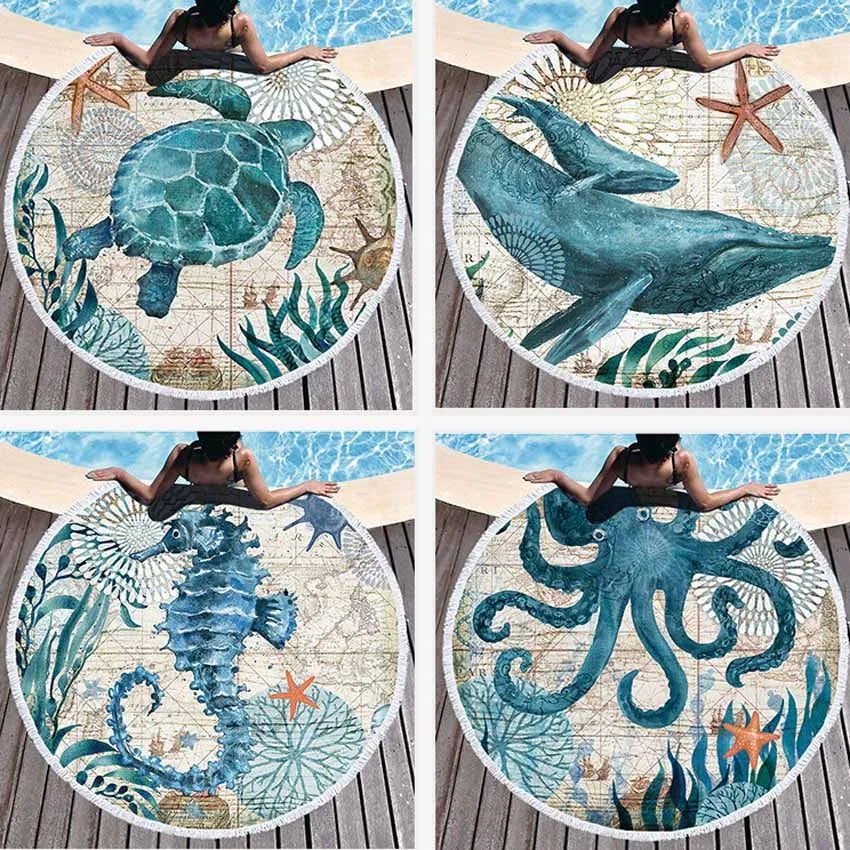 Canga toalha redonda 150cm - estampas animais marinhos