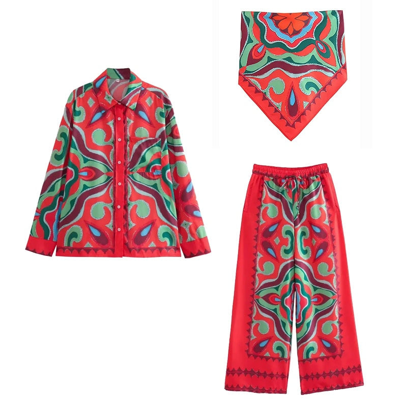 Conjunto Brigitte - Camisa, blusa estilo lenço e calça com elástico