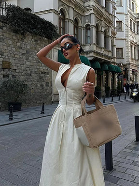 Vestido Maxi Feminino Sem Mangas com Zíper de Cintura Alta Roma (Pronta Entrega)