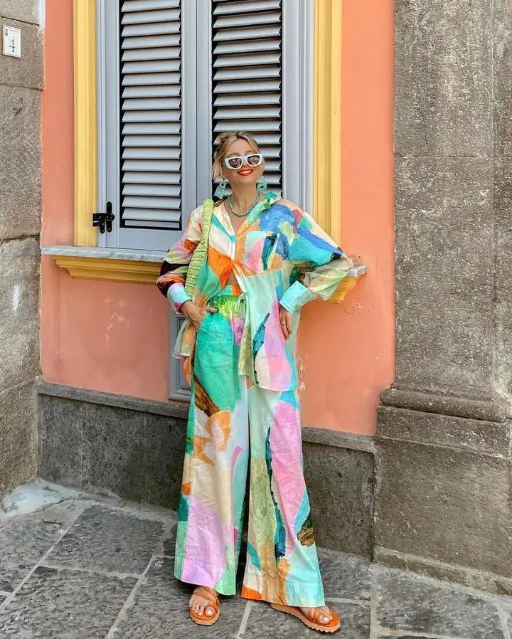 Conjunto Feminino Camisa Longa e Calça de Elástico Colorido Aquarela