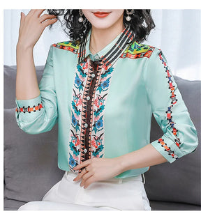 Camisa Toque de Seda Floral Turquesa