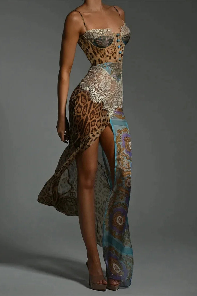 Vestido Longo Patchwork com Estampa Animal Print