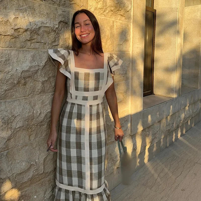 Vestido Longo Xadrez Decote Quadrado Manga Voadora Milão (Pronta Entrega)