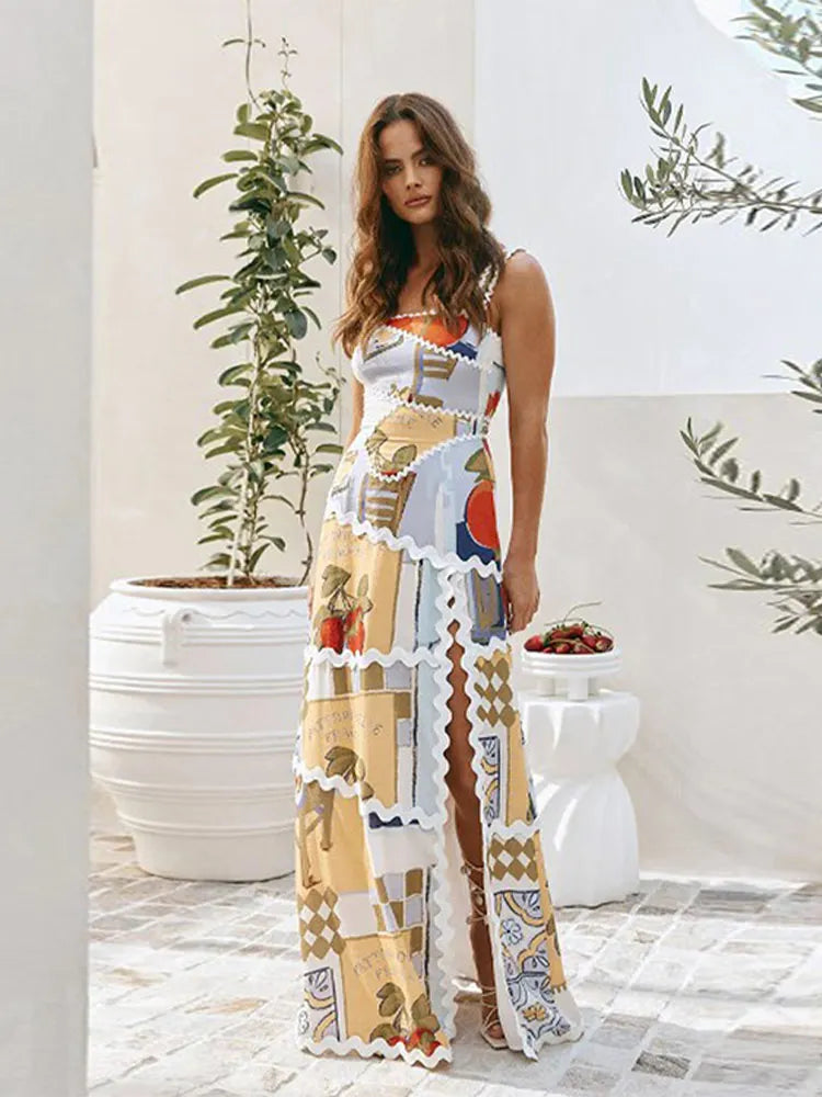 Vestido Longo de patchwork com fenda na perna Sicília