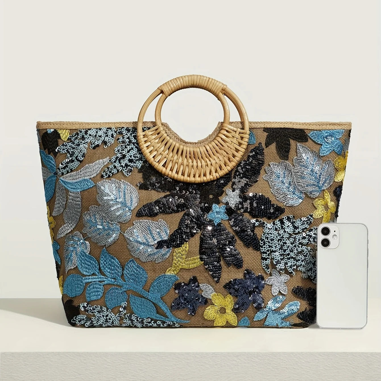 Bolsa Feminina Grande Bordada Com Flores Azul e Preta Alça Redonda de Palha