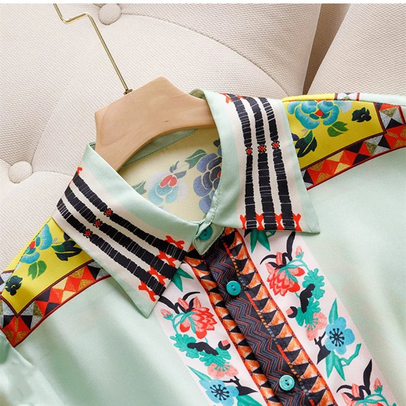 Camisa Toque de Seda Floral Turquesa
