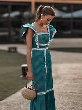 Vestido Longo Xadrez Decote Quadrado Manga Voadora Milão