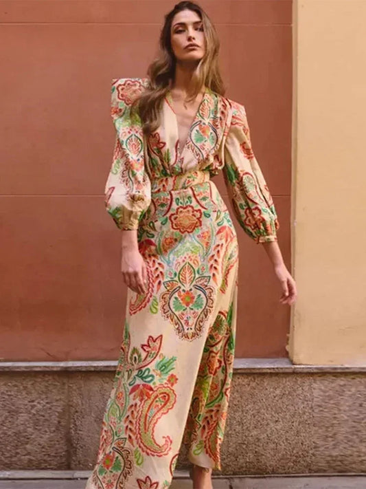 Vestido Midi Plissado com Estampa Vintage Portland