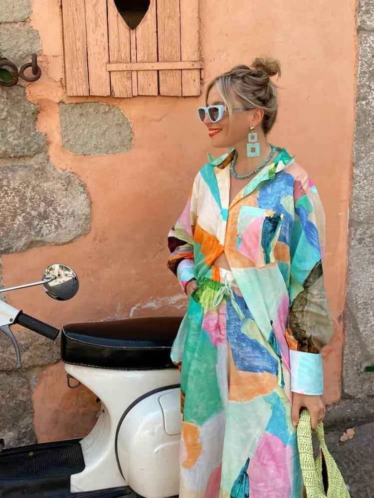 Conjunto Feminino Camisa Longa e Calça de Elástico Colorido Aquarela