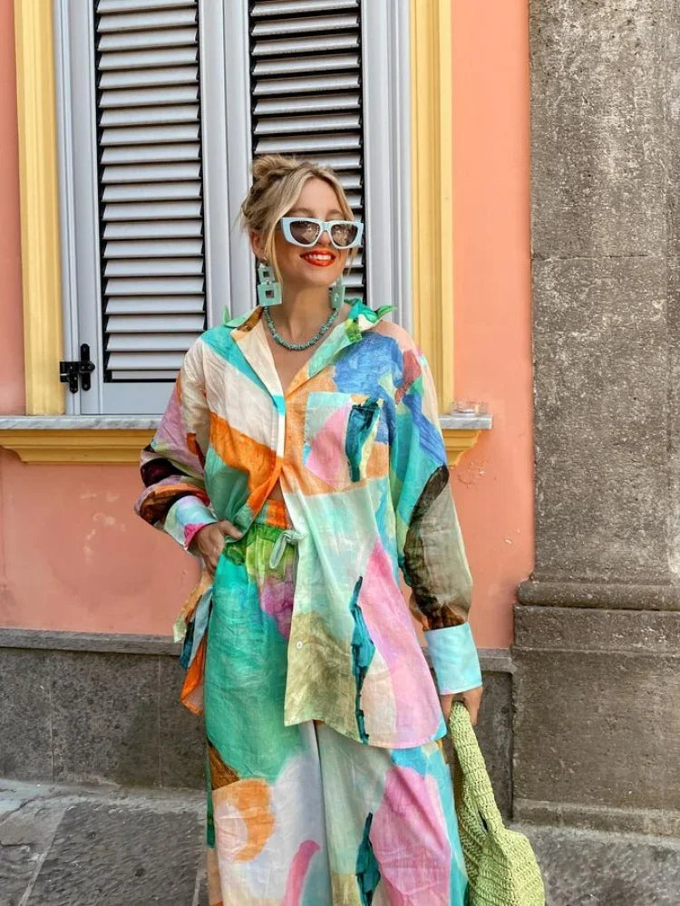 Conjunto Feminino Camisa Longa e Calça de Elástico Colorido Aquarela