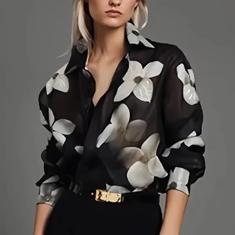 Camisa Floral Noir Elegance – Estilo Casual e Sofisticado