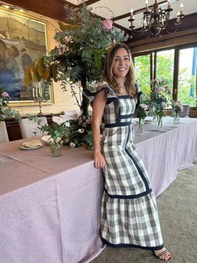 Vestido Longo Xadrez Decote Quadrado Manga Voadora Milão