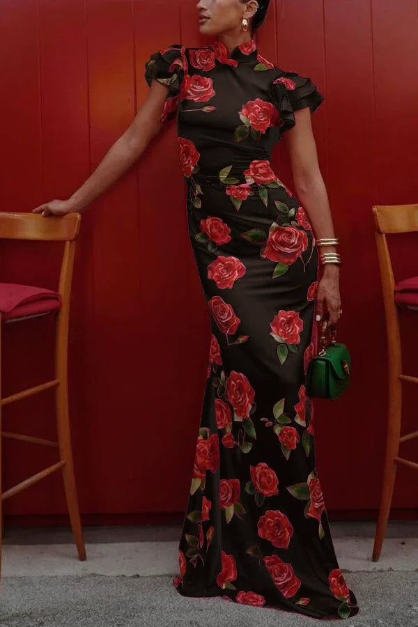 Vestido Longo Floral Elegância Vintage com Gola Alta e Babados