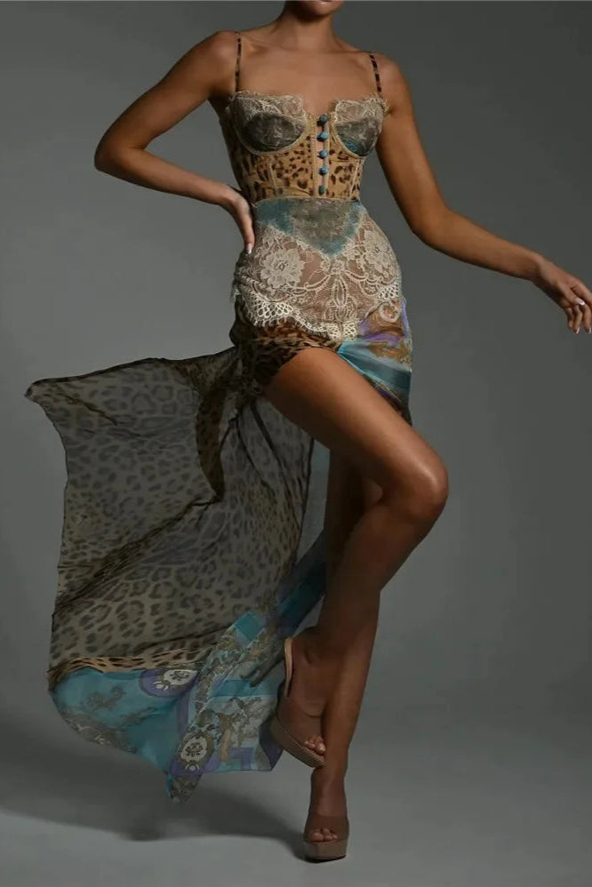 Vestido Longo Patchwork com Estampa Animal Print